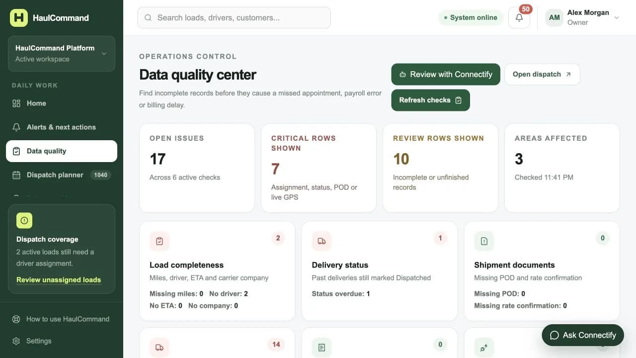 HaulCommand integration and data quality checks using simulated data