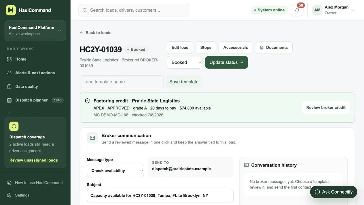 HaulCommand load and document record using simulated data