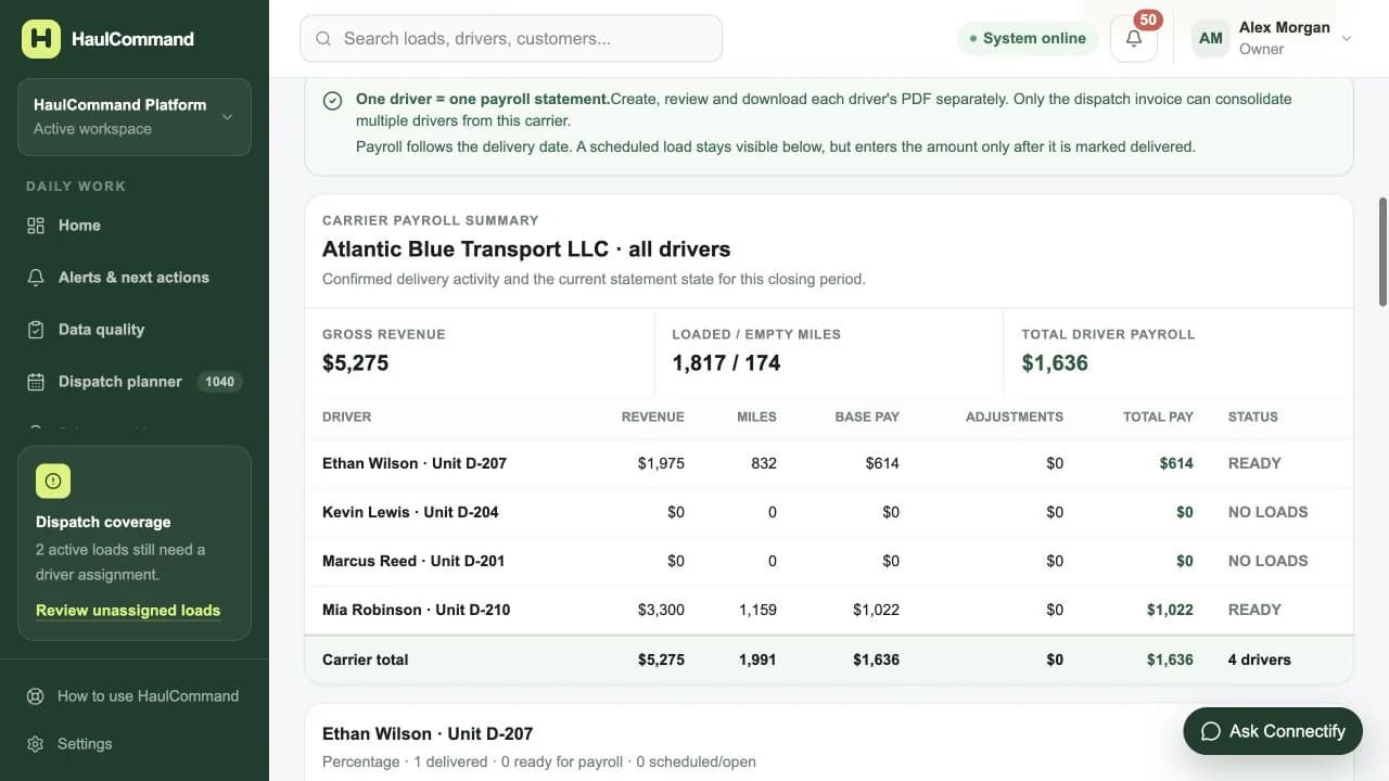 HaulCommand carrier payroll close using simulated data