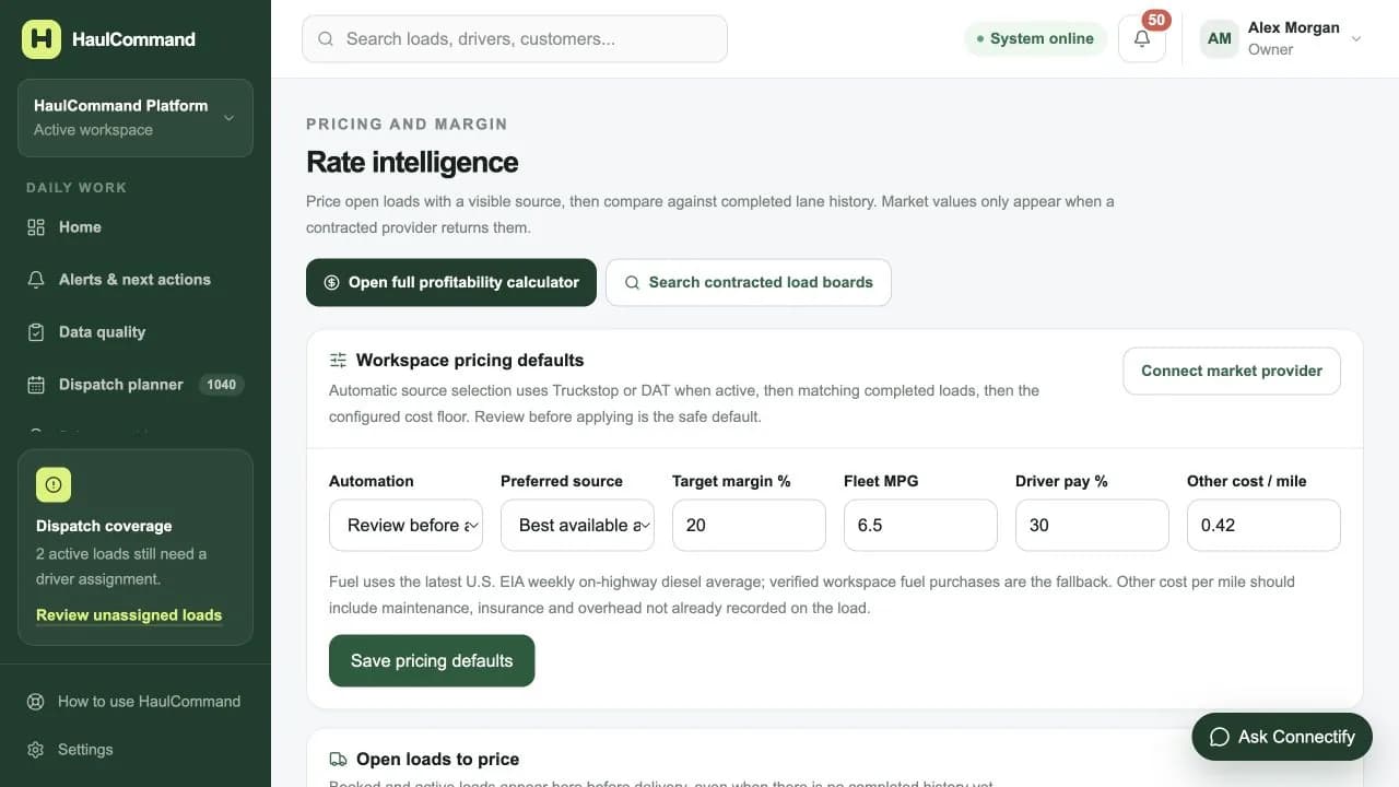 HaulCommand rate intelligence with simulated pricing information